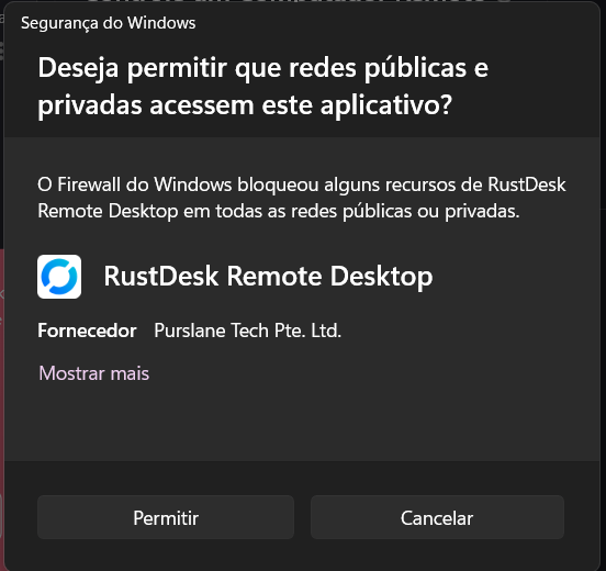 Janela Segurança do Windows perguntando se o RustDesk Remote Desktop pode acessar redes públicas e privadas