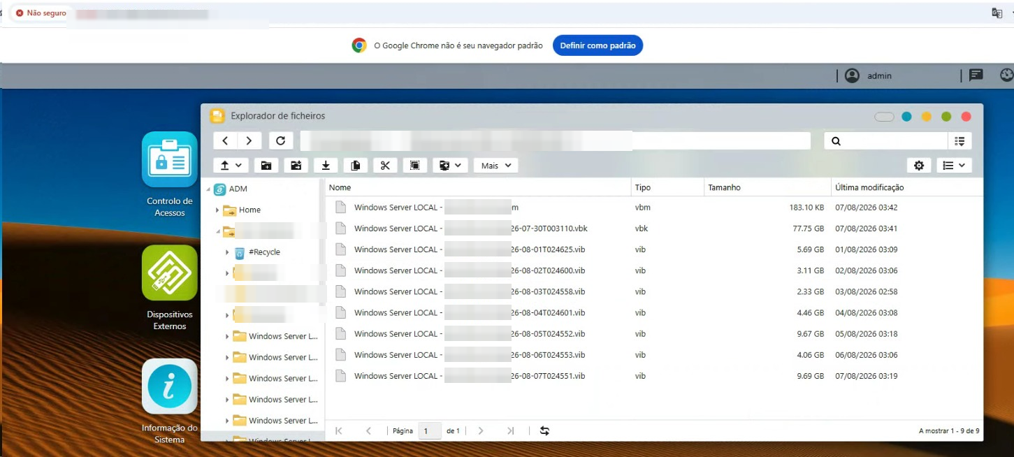 Listagem de arquivos do repositório mostrando um arquivo .vbm, um arquivo .vbk e oito arquivos .vib com datas e tamanhos