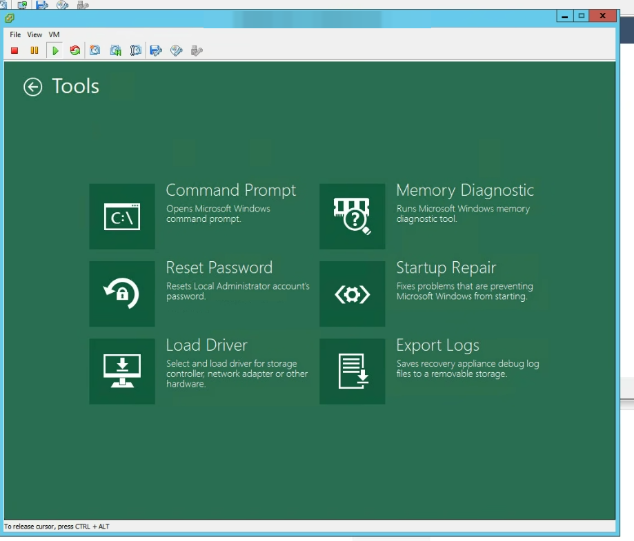 Menu Tools da recovery media com os ícones Command Prompt, Memory Diagnostic, Reset Password, Startup Repair, Load Driver e Export Logs