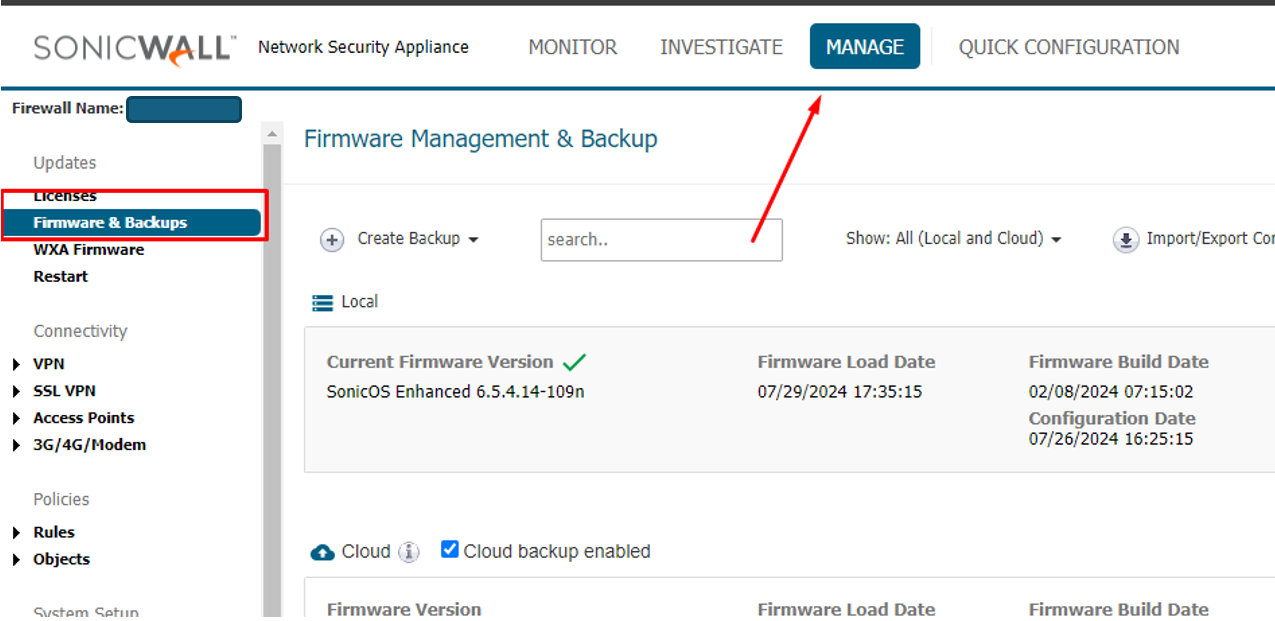 Tela Firmware & Backups no gerenciamento do SonicWall