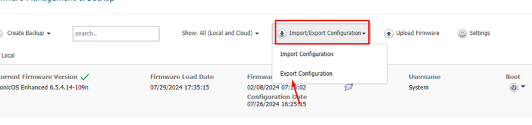 Opção Export Configuration para backup das configurações