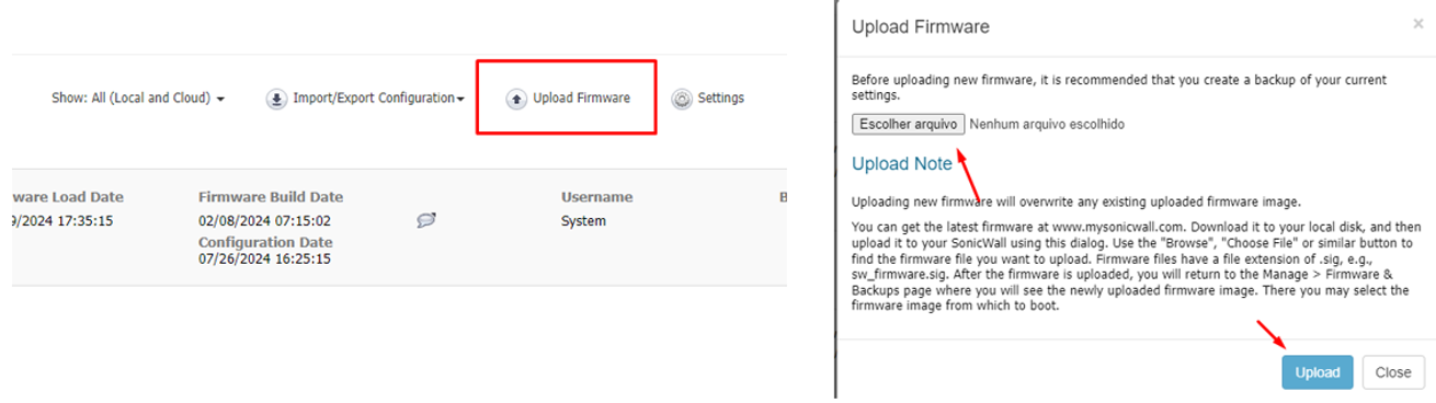 Janela de upload do arquivo de firmware