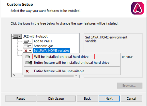 Instalador do Java com a opção Set JAVA_HOME habilitada