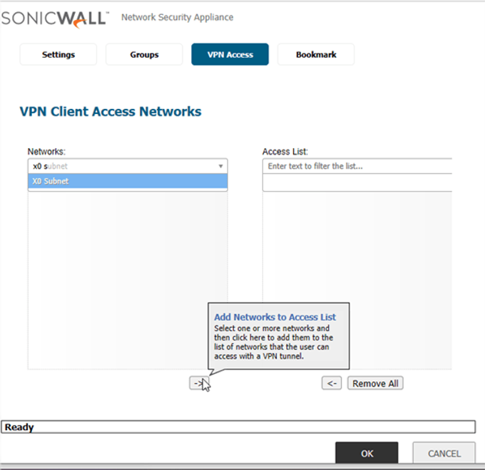Guia VPN Access com as redes liberadas para o usuário