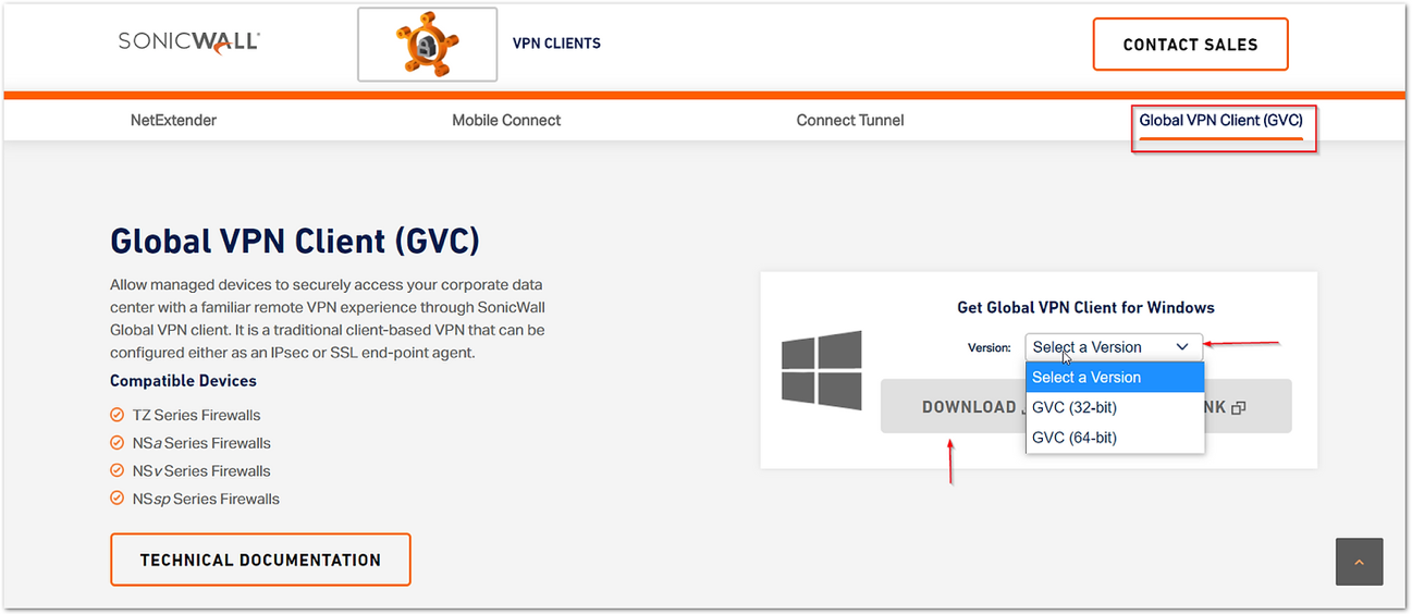 Página de download do SonicWall Global VPN Client