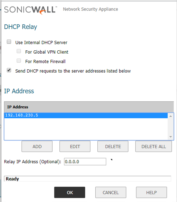 Janela de configuração DHCP over VPN