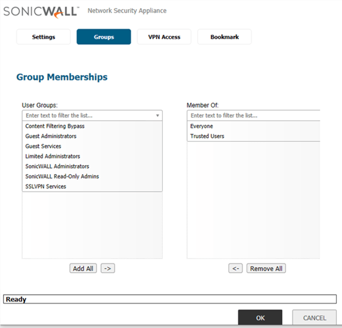 Guia Groups com o usuário no grupo Trusted Users