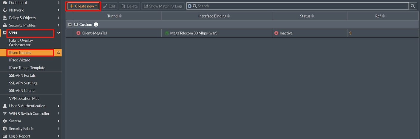 Menu IPsec Tunnels com a opção Create New