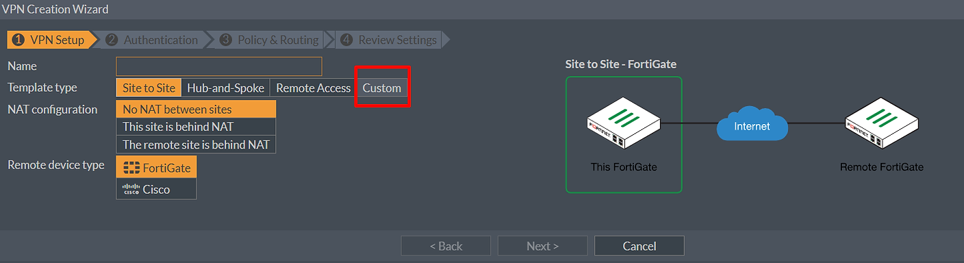 Seleção do template Custom na criação do túnel
