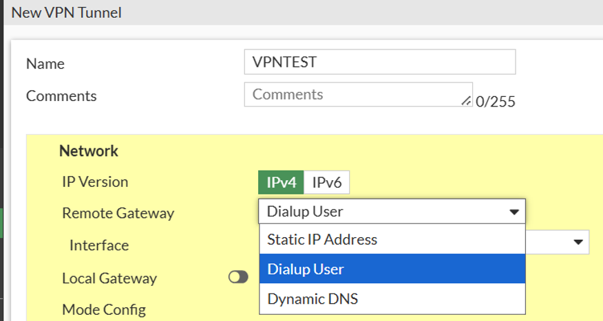 Remote Gateway configurado como Dialup User