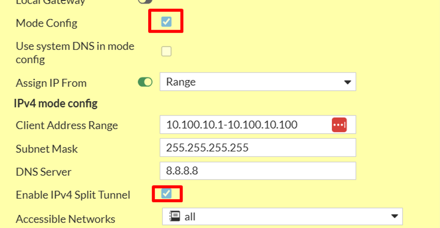 Opções Mode Config e Enable IPv4 Split Tunnel habilitadas
