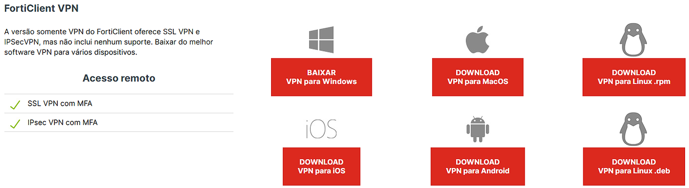 Página de download do FortiClient VPN no site da Fortinet