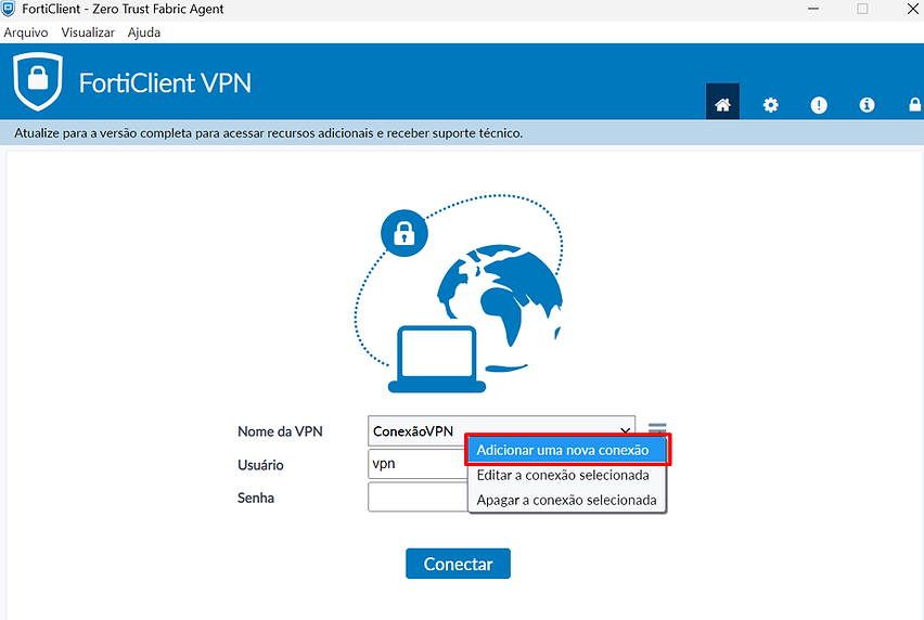 Tela inicial do FortiClient VPN para criar nova conexão