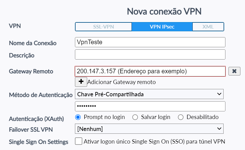 Configuração de nome da conexão, gateway remoto e chave pré-compartilhada