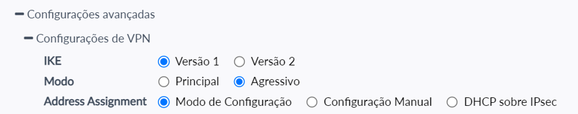 Configurações avançadas com versão do IKE e modo de conexão