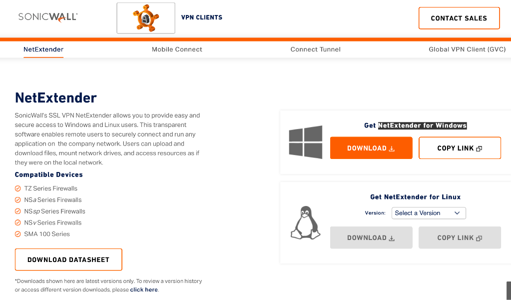 Página de download do NetExtender no site da SonicWall