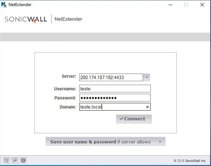 Tela de login do NetExtender com servidor, usuário e domínio