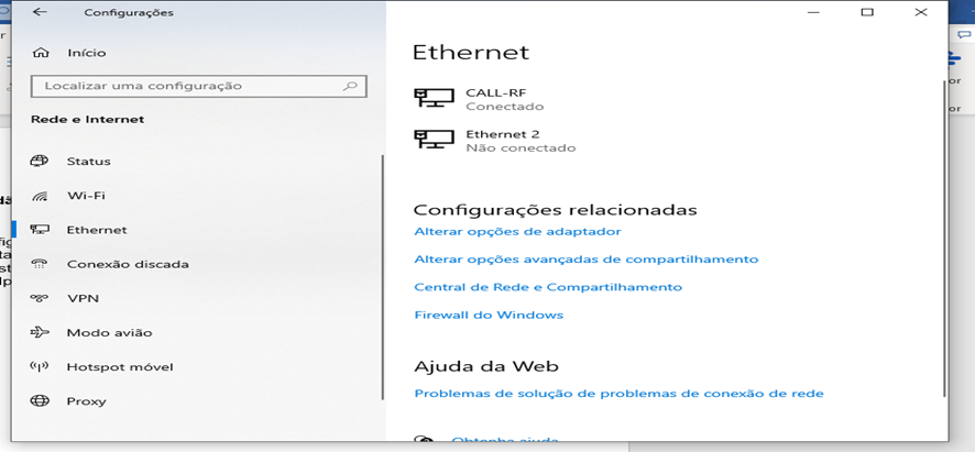 Configurações de Ethernet do Windows com a opção Alterar opções de adaptador