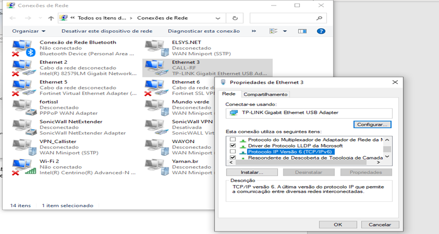 Propriedades do adaptador de rede com o Protocolo IPv6 desmarcado