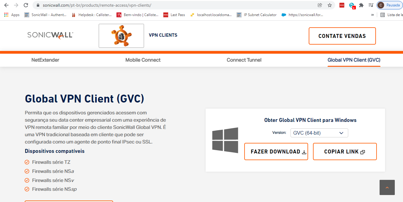 Página de download do Global VPN Client no site da SonicWall
