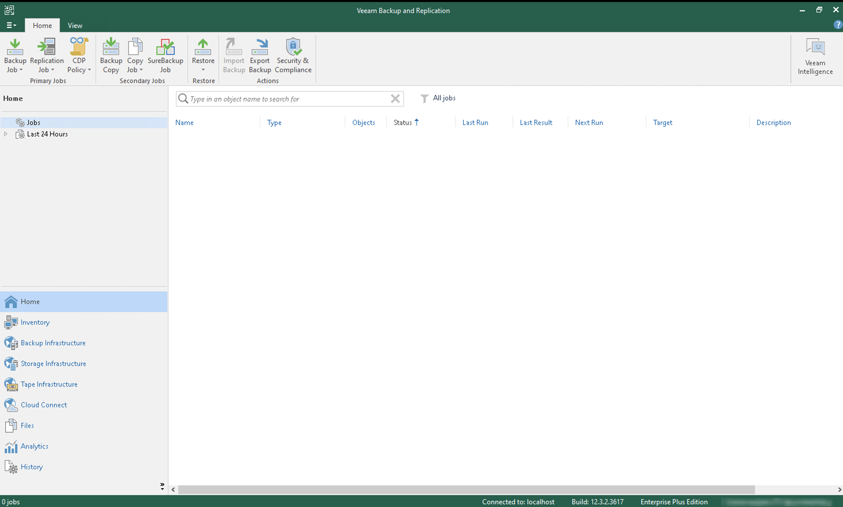 Console do provedor em Home, com a lista de Jobs vazia e o nó Cloud Connect na barra lateral