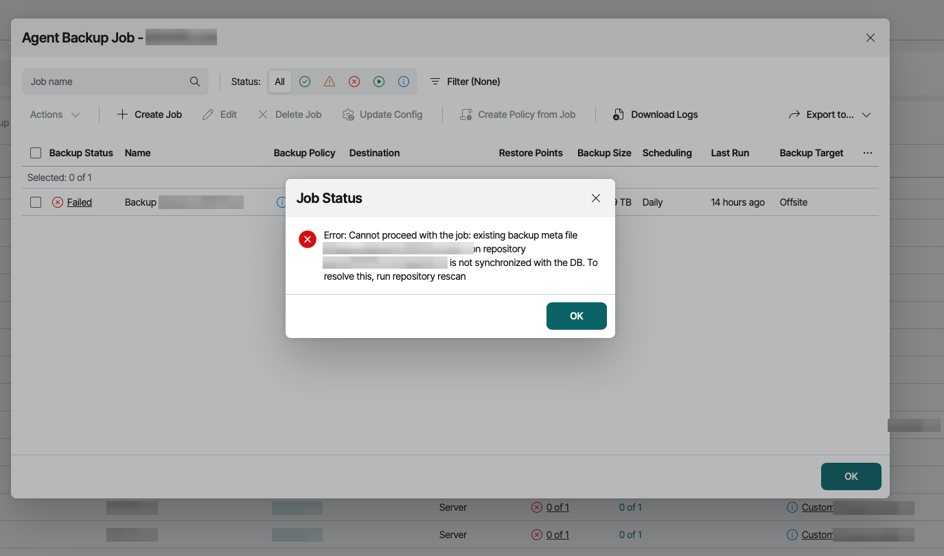 Tela do VSPC com o Agent Backup Job em Failed e o popup Job Status exibindo a mensagem de erro de metadado dessincronizado