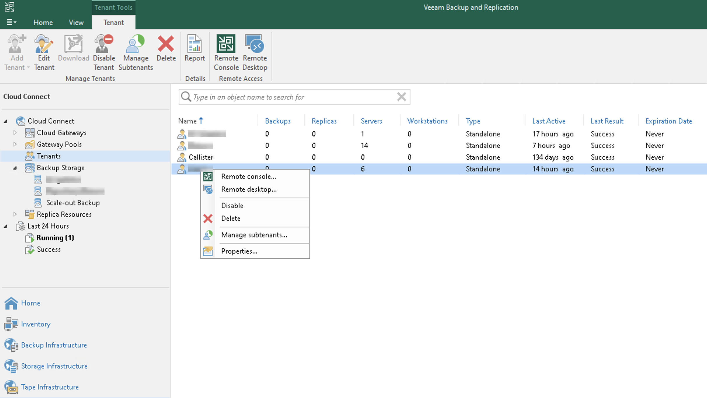 Lista de tenants no Cloud Connect com as colunas de servidores e último acesso, e o backup storage incluindo o Scale-out Backup na árvore lateral