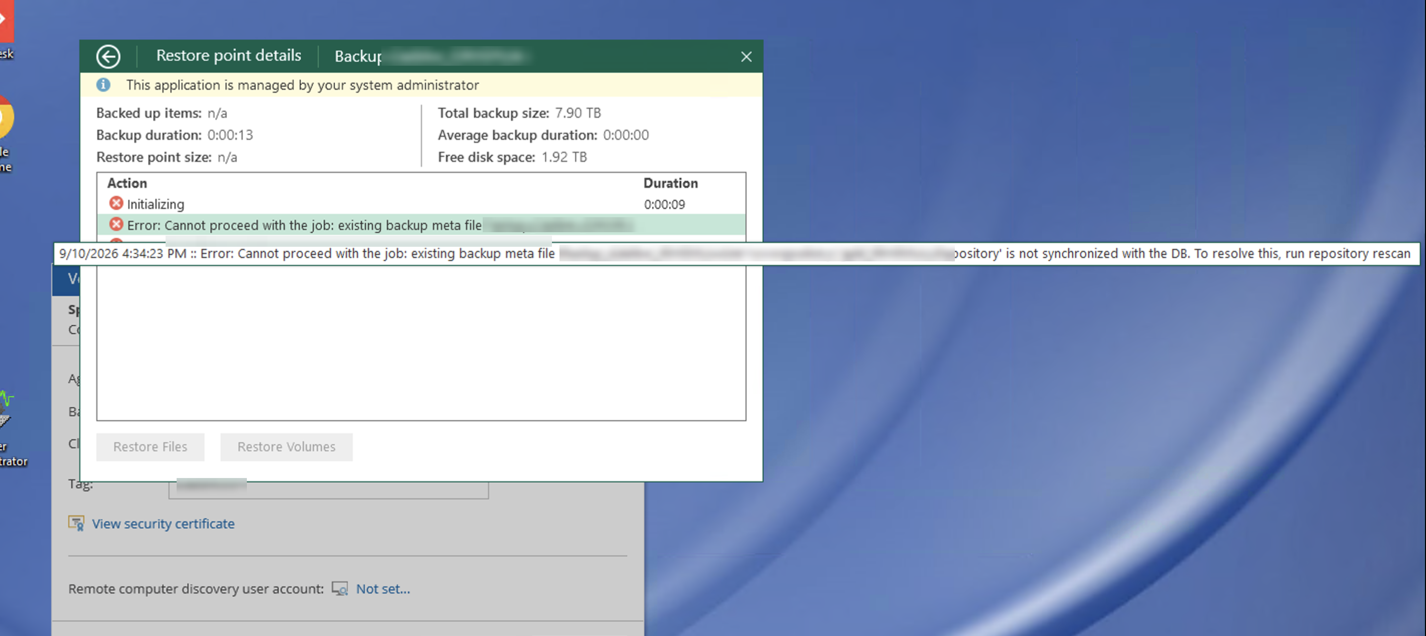 Detalhe do restore point mostrando a fase Initializing com erro e a linha completa da mensagem, com data e hora