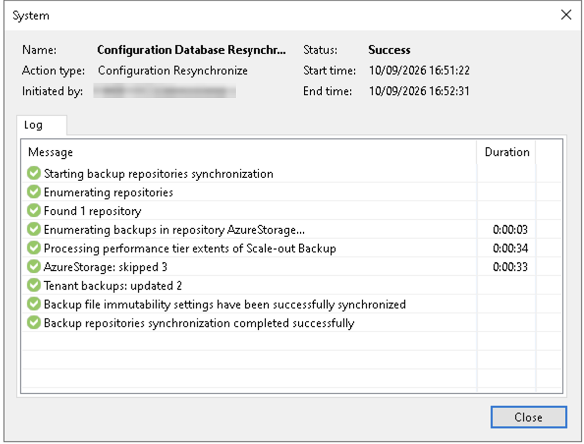 Janela System do Veeam mostrando o Configuration Database Resynchronize concluído com status Success, com a linha Tenant backups: updated 2 no log de detalhes