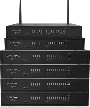 Pilha de firewalls SonicWall TZ Series Geração 8, do TZ80 ao TZ680, alguns com antenas Wi-Fi